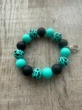 Turquoise & Black Leopard Print Beaded Wristlet