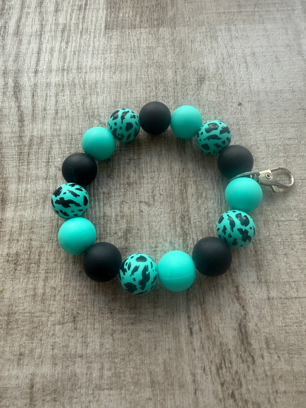Turquoise & Black Leopard Print Beaded Wristlet